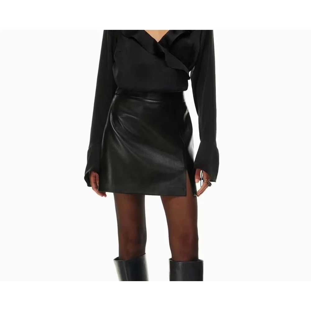 Aritzia Wilfred Patio Mini Skirt Black Faux‎ Leather Side Slit A-Line Size 00